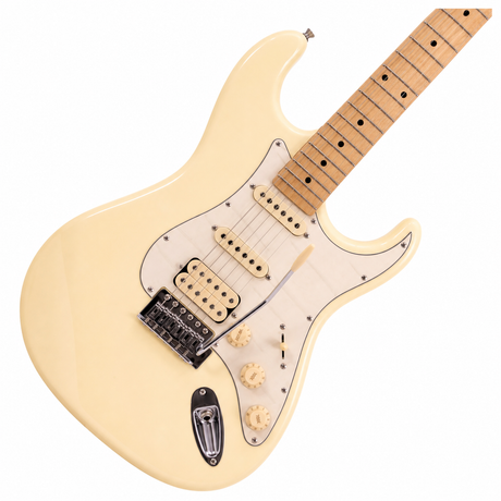 Guitarra Tagima TG540 blanca, detalle del cuerpo sobre fondo blanco