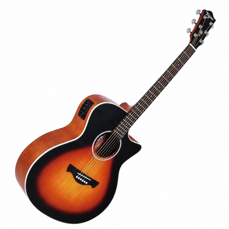 Guitarra Tagima TW29EQ Sunburst, vista diagonal sobre fondo blanco