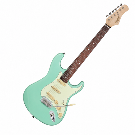 Guitarra Tagima T635 Surf Green, vista diagonal sobre fondo blanco