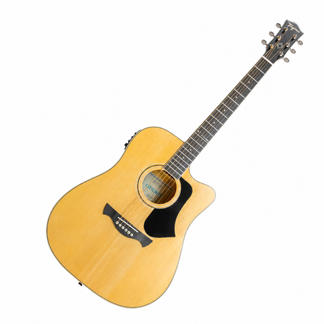 Guitarra Tagima Andes EQ Natural, vista diagonal sobre fondo blanco