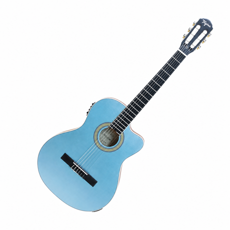 Guitarra Tagima Cartagena EQ azul, vista diagonal sobre fondo blanco