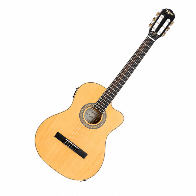 Guitarra Tagima Cartagena EQ Natural, vista diagonal sobre fondo blanco