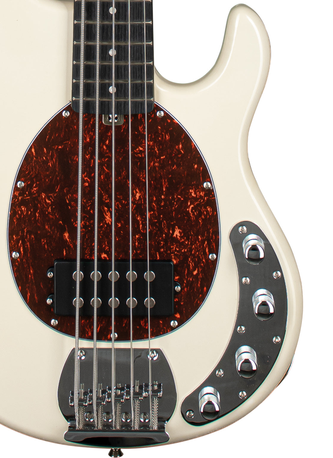 Bajo Tagima TBM-5 Olympic White, detalle del cuerpo y controles