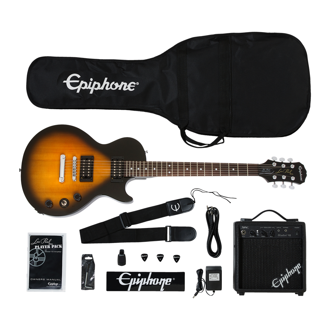 Vista principal del combo Epiphone Les Paul Player Pack Vintage Sunburst
