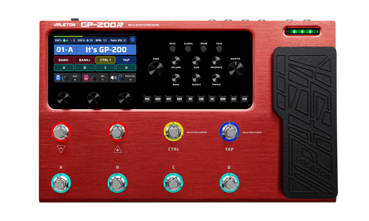 Procesador multiefectos Valeton GP-200R rojo, vista frontal, imagen oficial