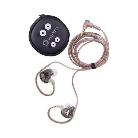Audífonos in-ear Vento EP225 con estuche y accesorios sobre fondo blanco
