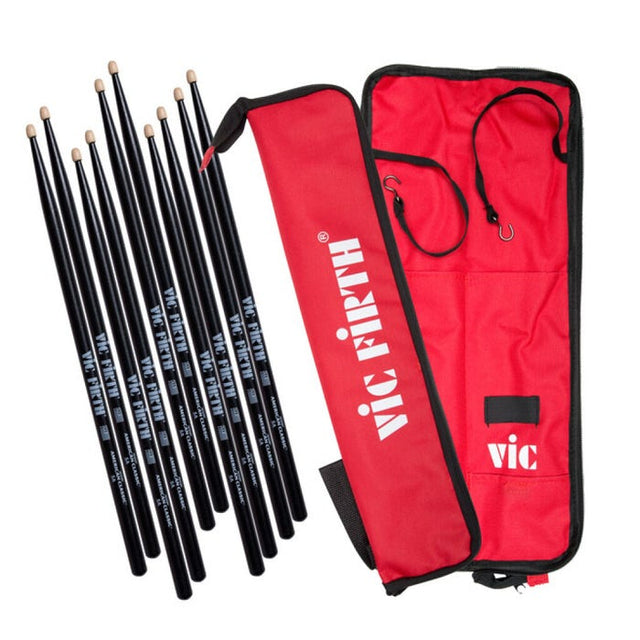 Combo Vic Firth P5AB.5-ESBRED.1 con cinco pares de baquetas 5AB y baquetero rojo ESBRED