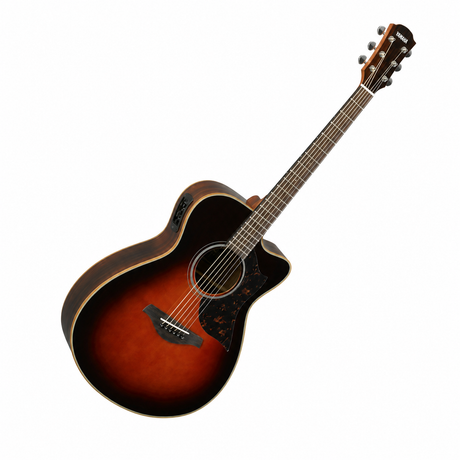 Guitarra electroacústica Yamaha AC1R Tobacco Brown Sunburst completa en vista diagonal sobre fondo blanco
