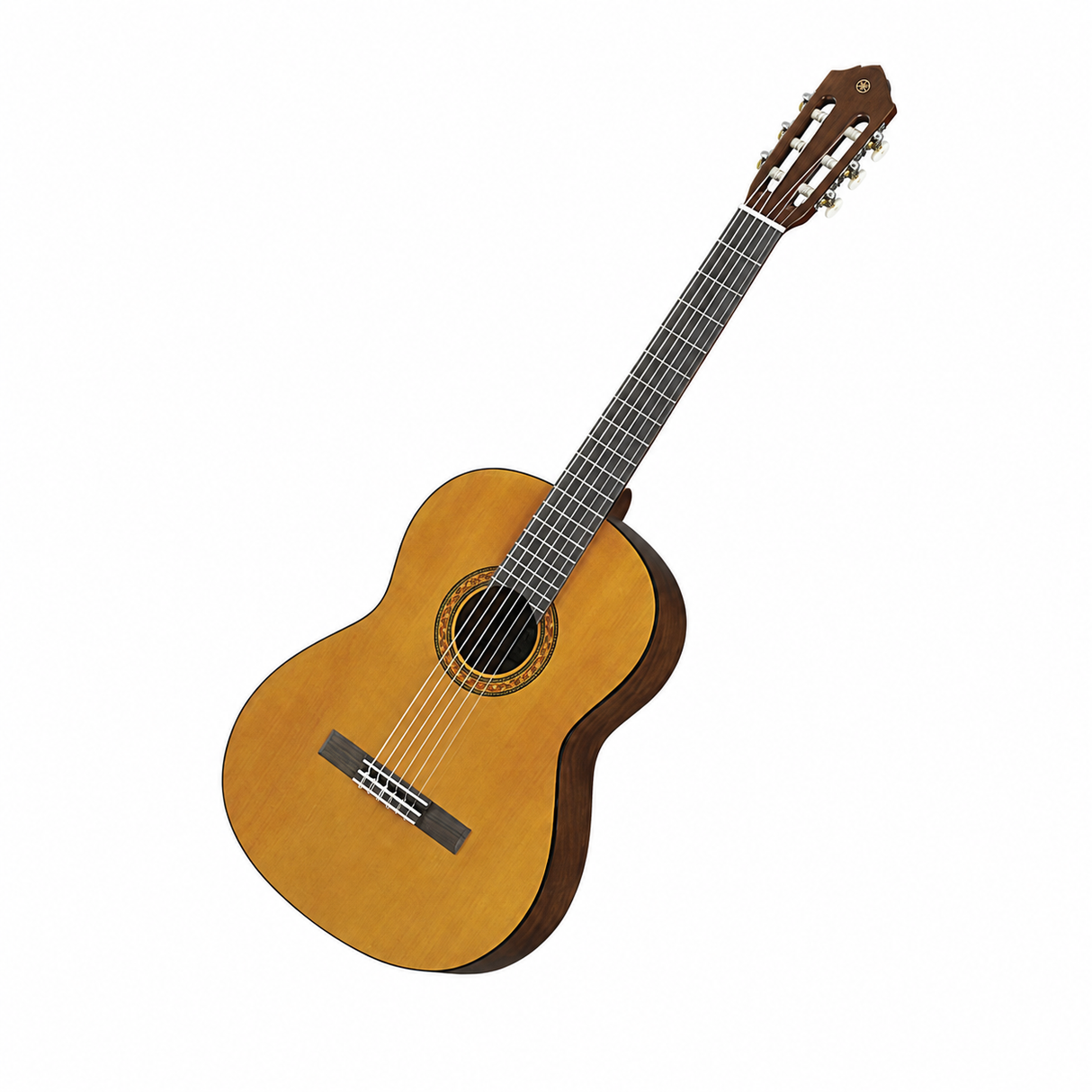 Guitarra clásica Yamaha C40M natural mate completa en vista diagonal sobre fondo blanco