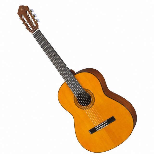 Guitarra clásica Yamaha CG102 completa en diagonal sobre fondo blanco