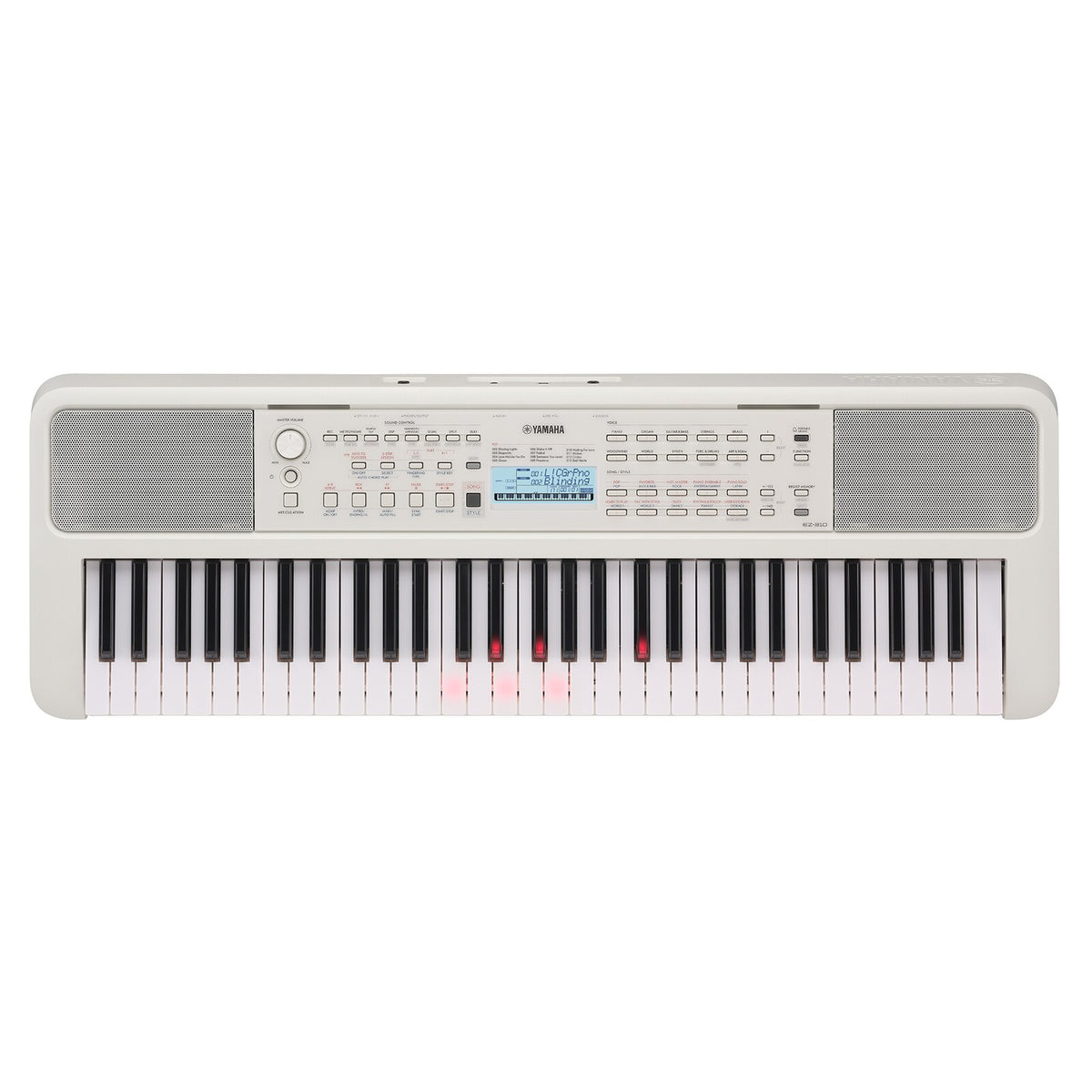 Teclado Yamaha EZ310, vista superior completa sobre fondo blanco