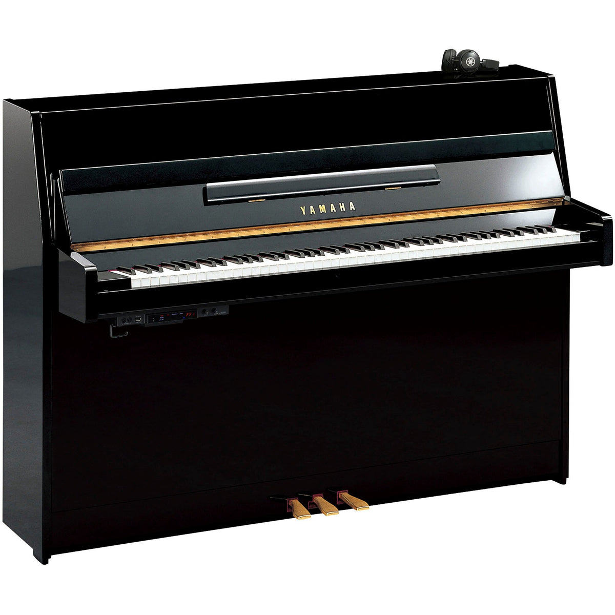 Piano vertical Yamaha JU109 SC3 en ébano pulido, vista completa