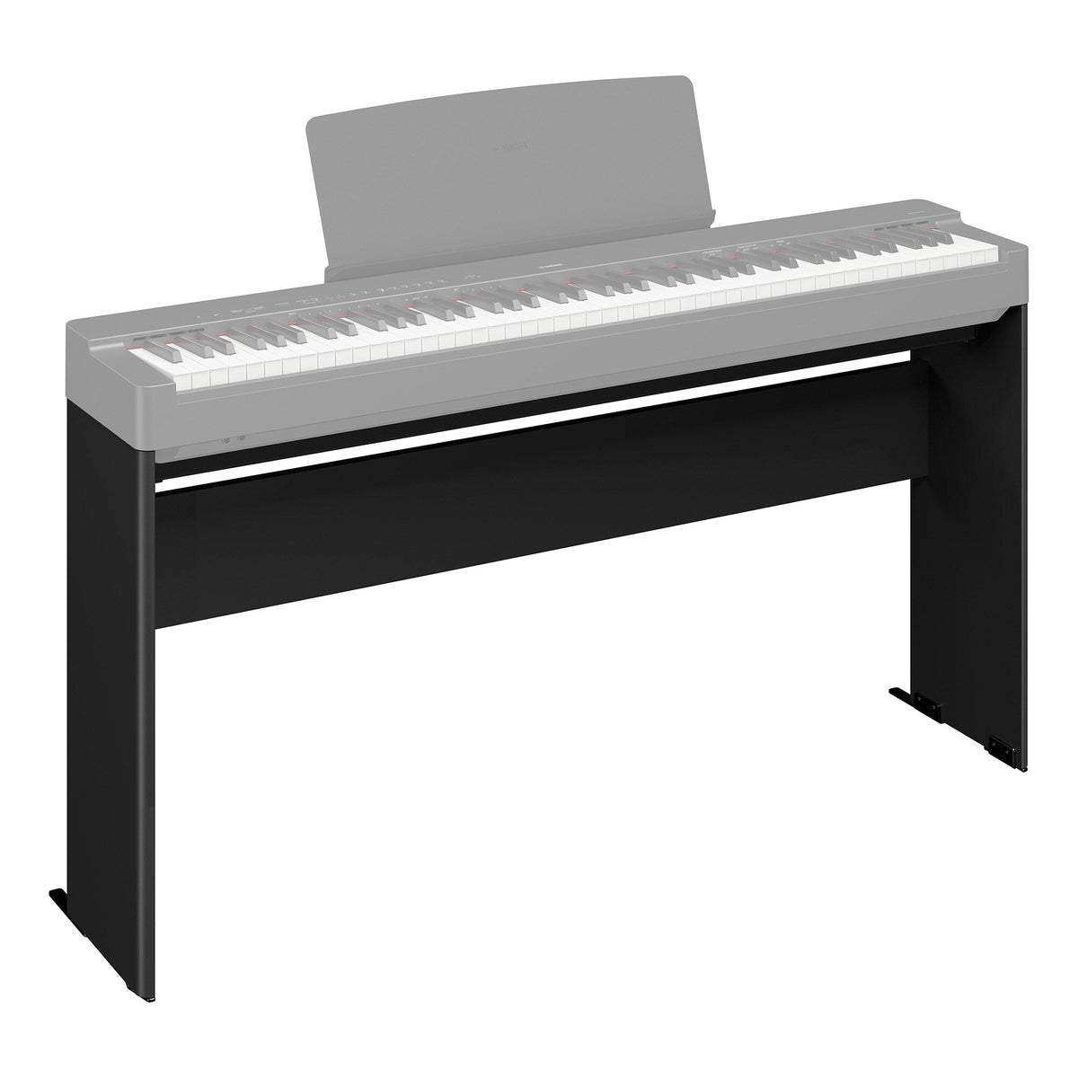 Soporte Yamaha L-200B negro instalado con piano digital P-225B sobre fondo blanco