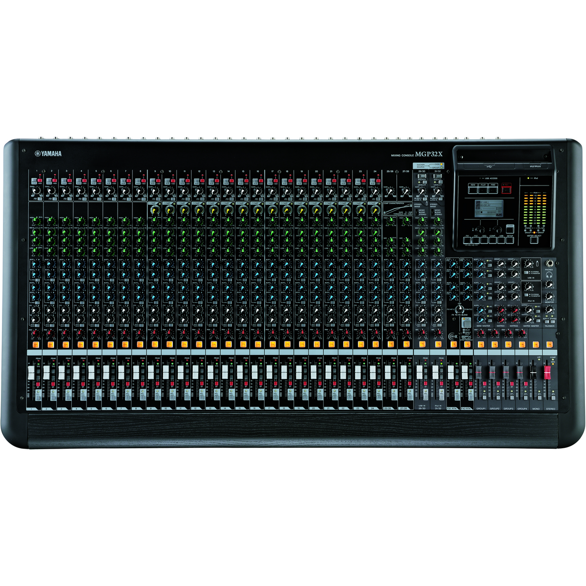 Consola mezcladora Yamaha MGP32X, vista frontal completa sobre fondo blanco