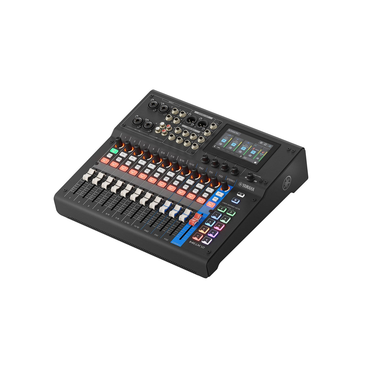 Consola digital Yamaha MGX12 B negro en perspectiva sobre fondo blanco