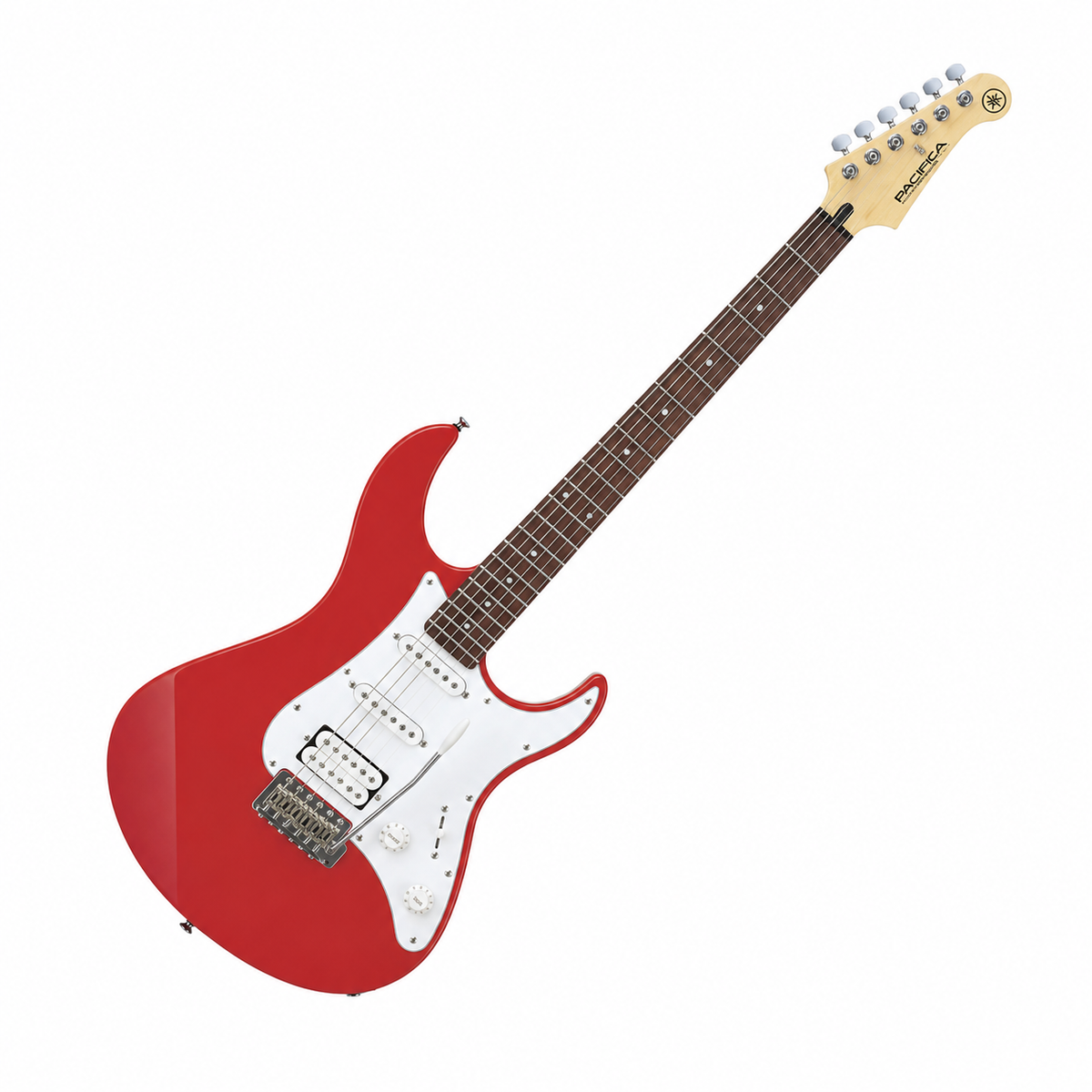 Guitarra eléctrica Yamaha PAC112J roja completa en vista diagonal sobre fondo blanco