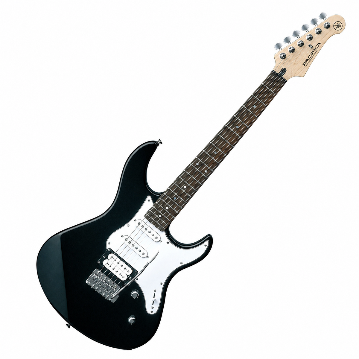Guitarra eléctrica Yamaha Pacifica PAC112V negra completa en diagonal sobre fondo blanco