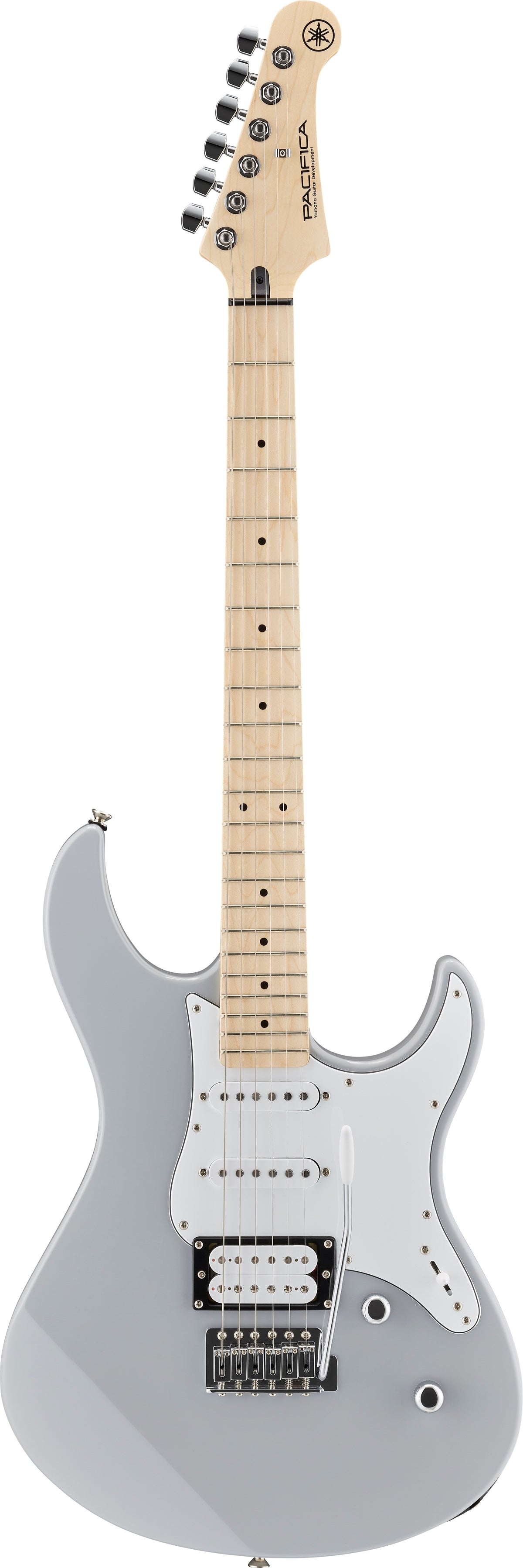 Guitarra eléctrica Yamaha Pacifica gris completa de frente sobre fondo blanco