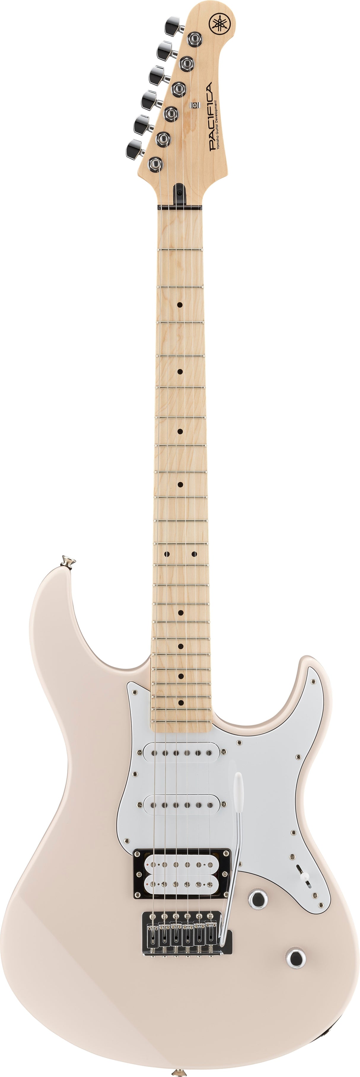 Guitarra eléctrica Yamaha Pacifica rosada completa de frente sobre fondo blanco