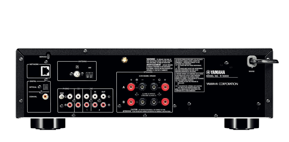 Receptor de red Yamaha R-N303, vista posterior completa sobre fondo blanco