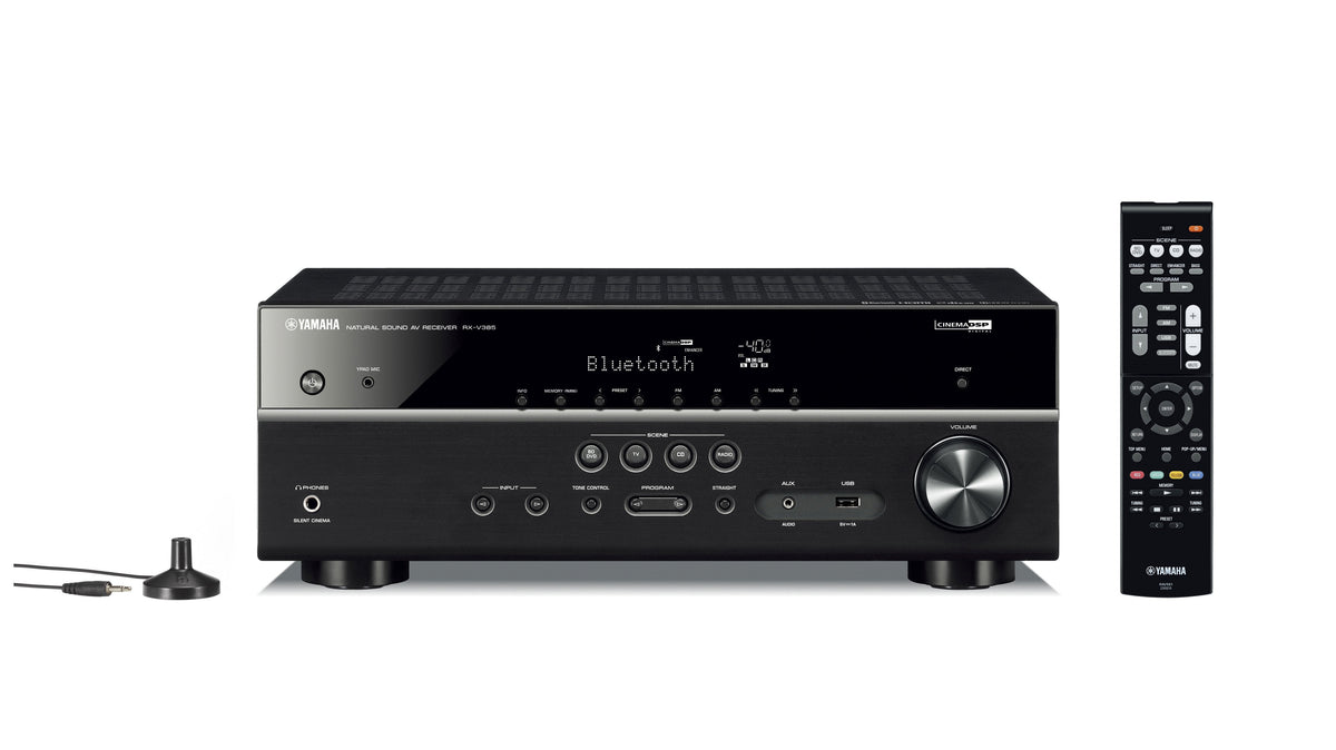 Receptor Yamaha RX-V385 negro con control remoto y micrófono YPAO