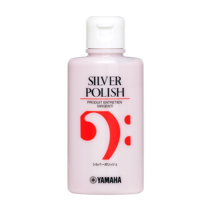 Crema Yamaha Silver Polish para instrumentos plateados, envase completo sobre fondo blanco