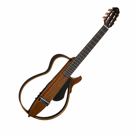 Guitarra Yamaha Silent SLG200N natural de cuerdas de nailon completa en vista diagonal sobre fondo blanco