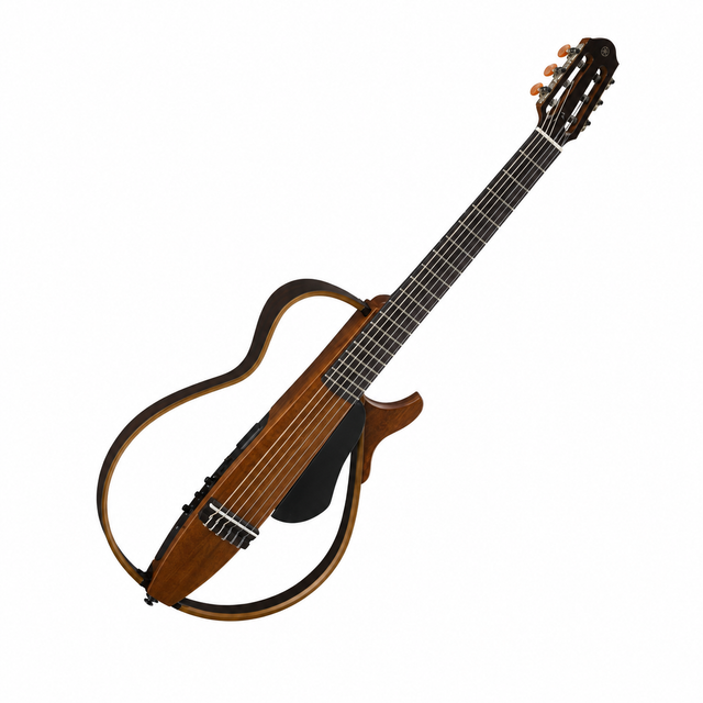 Guitarra Yamaha Silent SLG200N natural de cuerdas de nailon completa en vista diagonal sobre fondo blanco