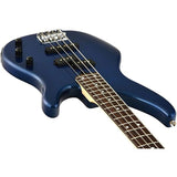 Detalle posterior del cuerpo del bajo Yamaha TRBX174 azul sobre fondo blanco
