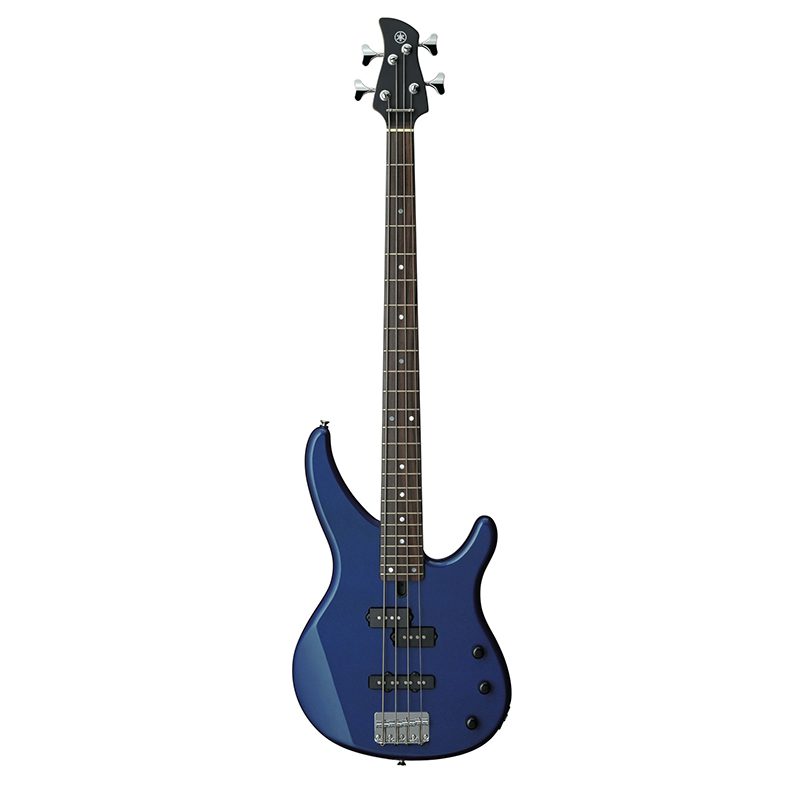 Bajo Yamaha TRBX174 azul metálico completo en vista frontal sobre fondo blanco