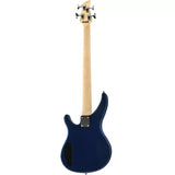 Bajo Yamaha TRBX174 azul metálico completo en vista posterior sobre fondo blanco