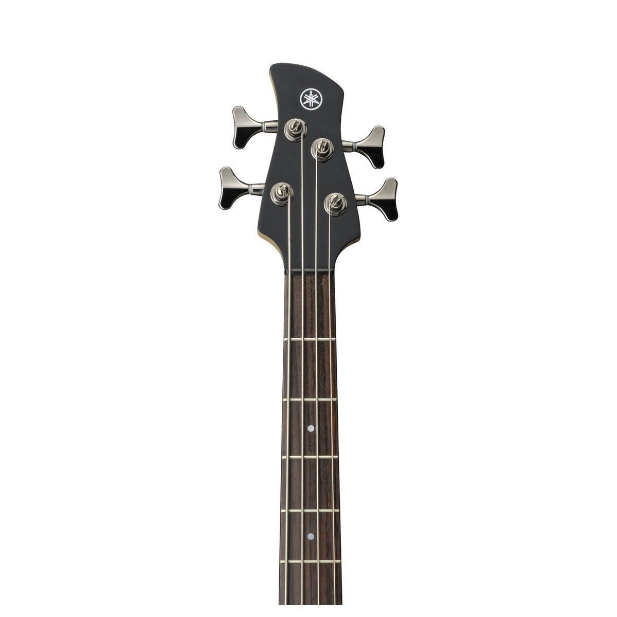 Detalle del clavijero del bajo Yamaha TRBX304 negro sobre fondo blanco