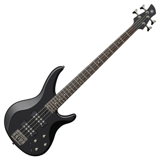 Bajo Yamaha TRBX304 negro completo en vista diagonal sobre fondo blanco