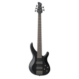 Bajo Yamaha TRBX305 negro de cinco cuerdas, vista frontal sobre fondo blanco