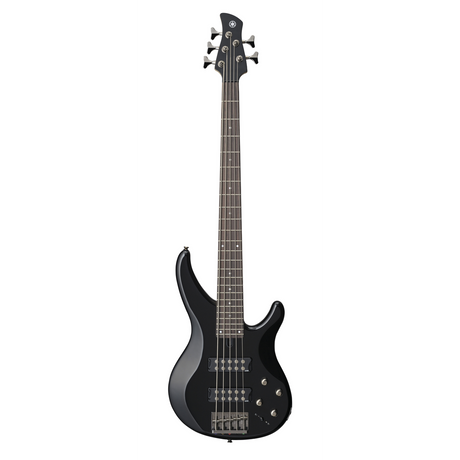 Bajo Yamaha TRBX305 negro de cinco cuerdas, vista frontal sobre fondo blanco