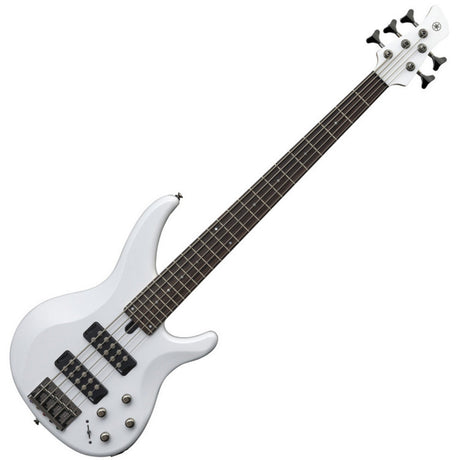 Bajo Yamaha TRBX305 blanco completo en vista diagonal sobre fondo blanco