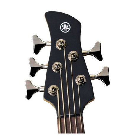 Detalle del clavijero del bajo Yamaha TRBX305 negro sobre fondo blanco