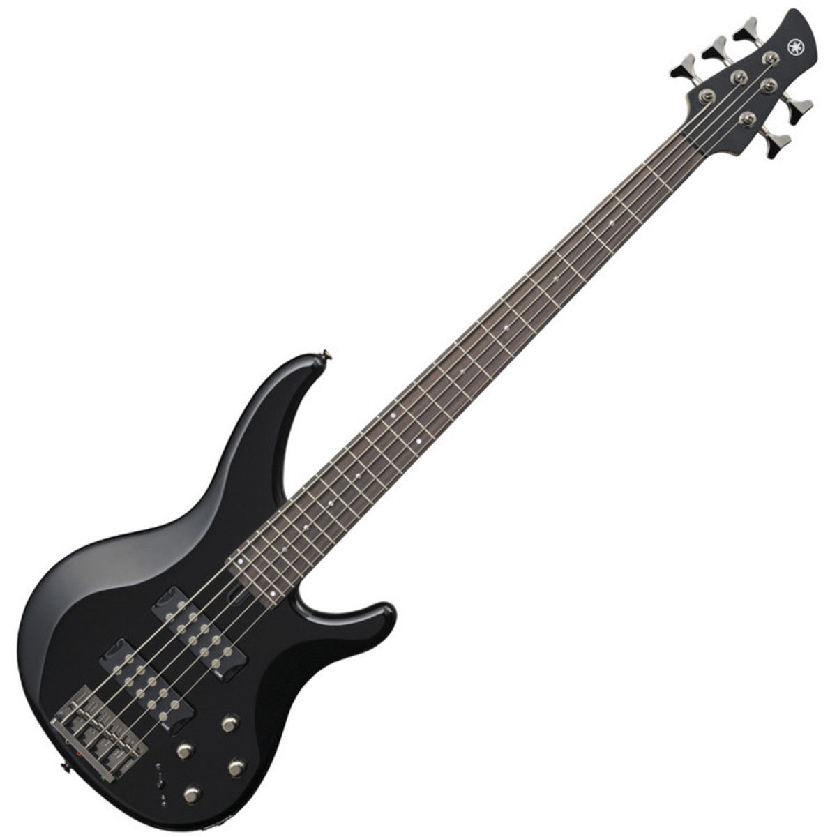 Bajo Yamaha TRBX305 negro completo en vista diagonal sobre fondo blanco