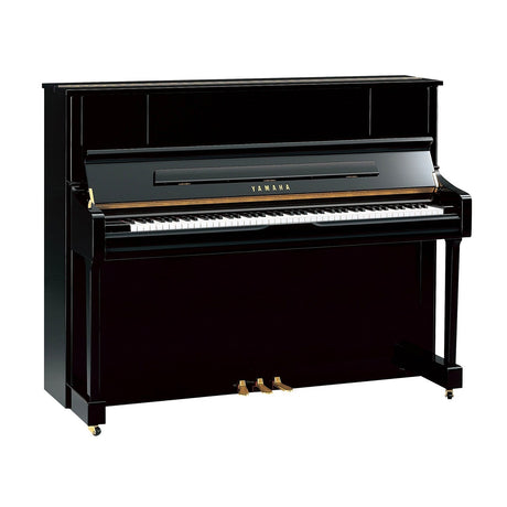 Piano vertical Yamaha U1J negro pulido, producto completo sobre fondo blanco
