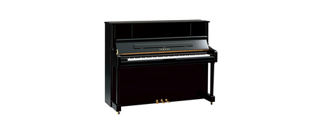 Piano Vertical Yamaha U1J negro pulido, producto aislado sobre fondo blanco