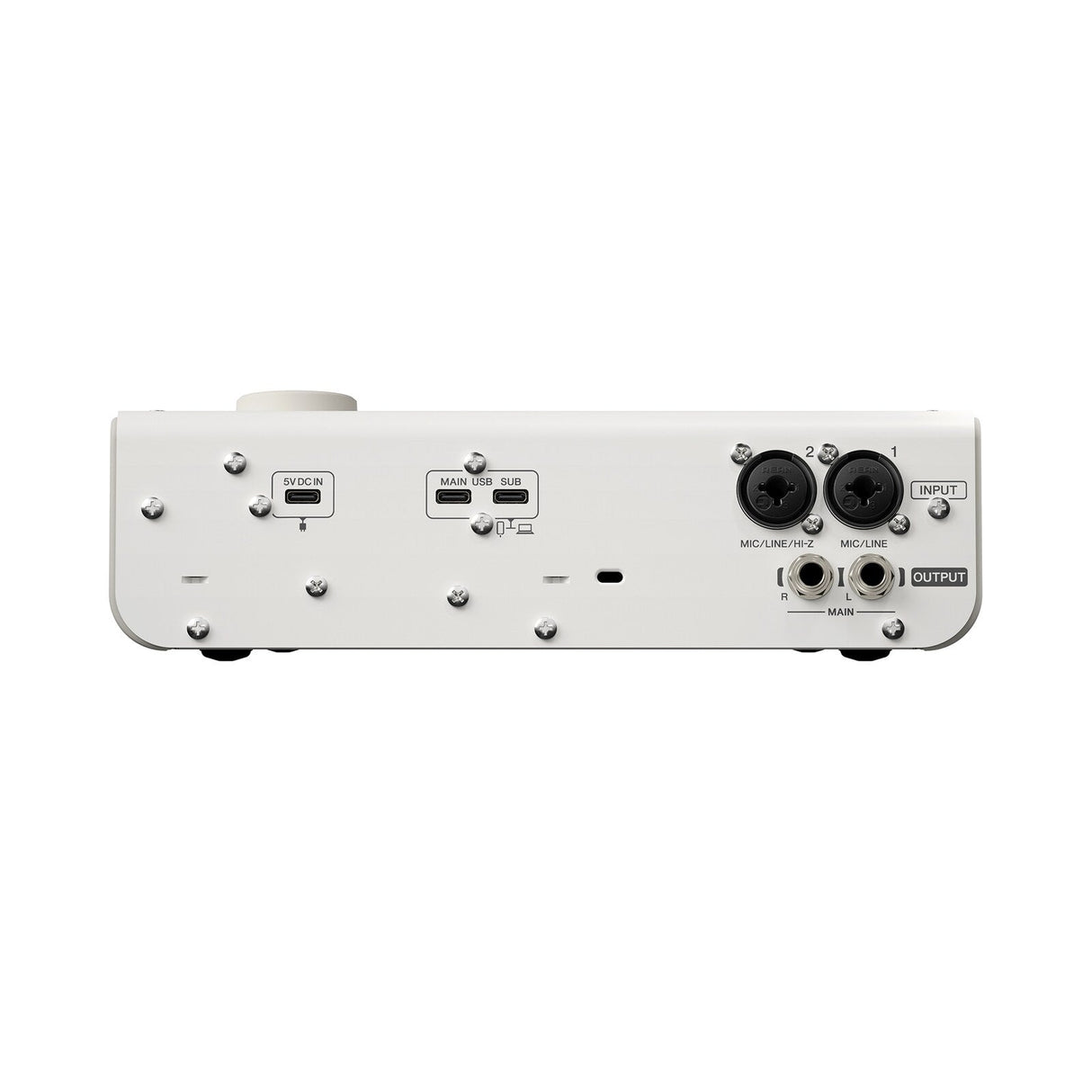 Interfaz Yamaha URX22 W blanco vista posterior sobre fondo blanco