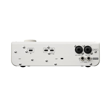 Interfaz Yamaha URX22 W blanco vista posterior sobre fondo blanco