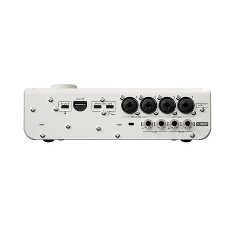 Interfaz Yamaha URX44 W blanco vista posterior sobre fondo blanco