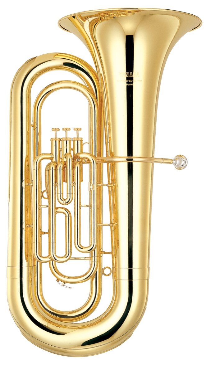 Tuba Yamaha YBB-201 dorada en Si bemol sobre fondo blanco