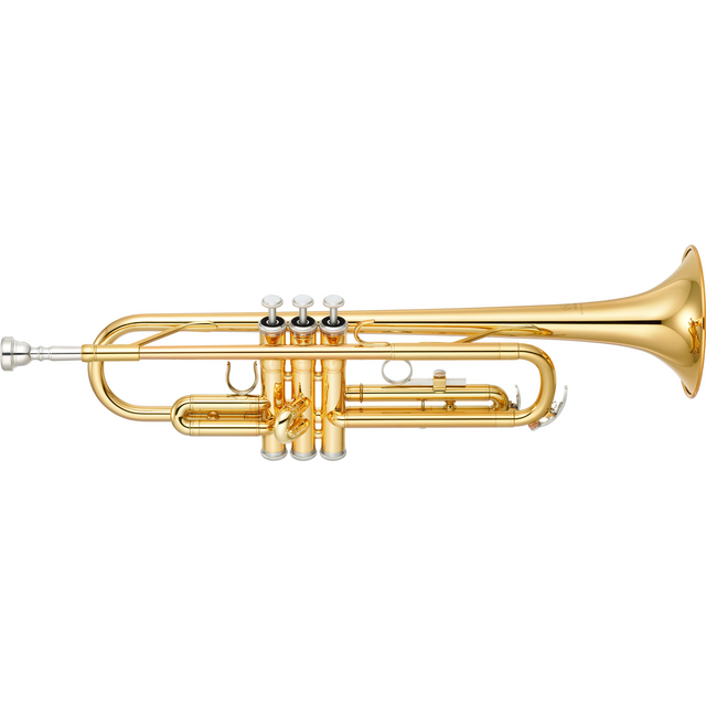 Trompeta Yamaha YTR2330 dorada en Si bemol, producto completo sobre fondo blanco